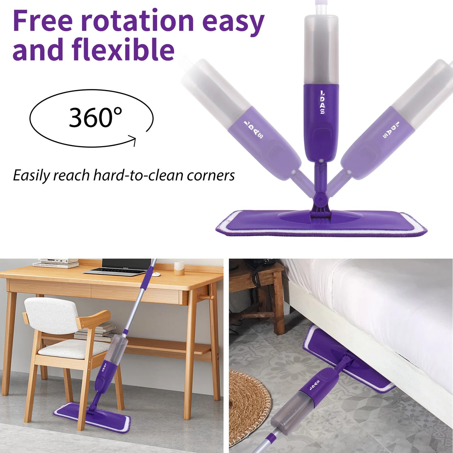 DARIS Spray Mop, 500ml Bottle, 3 Microfiber Mop Pads, Scraper, Mop Clip, Wet and Dry Use, Flat Floor Cleaning Mop