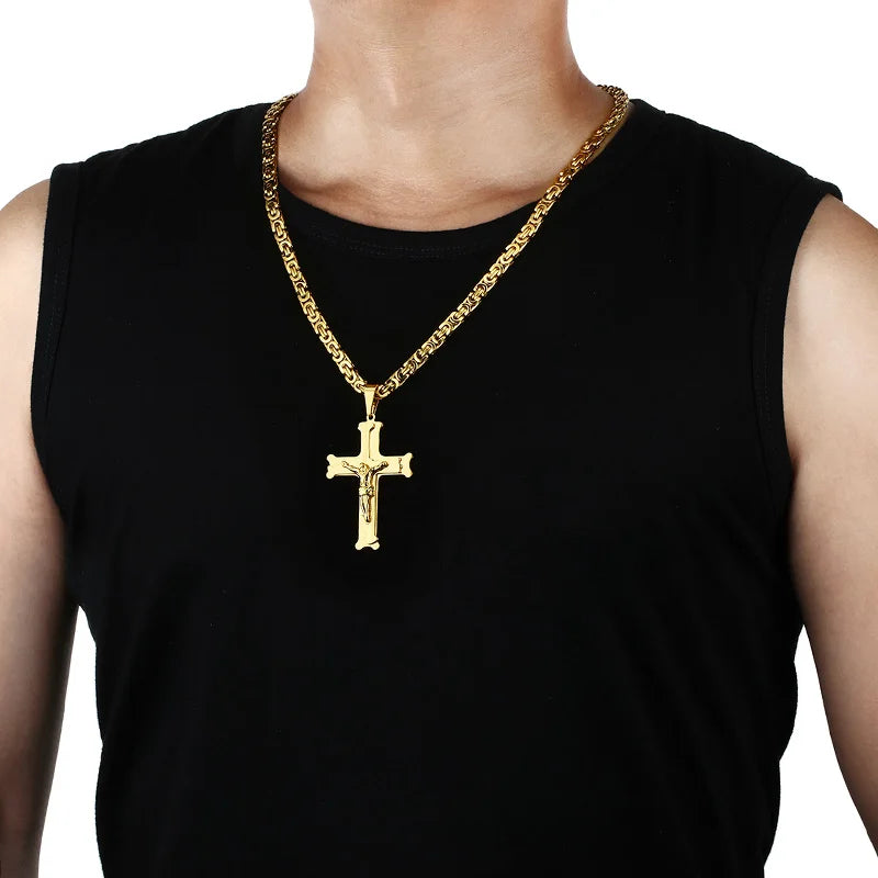 Stainless Steel Crucifix Jesus Byzantine Link Chain Necklace Fish Bone Pattern Cross Pendant Necklace Catholic Jewelry Men Gift