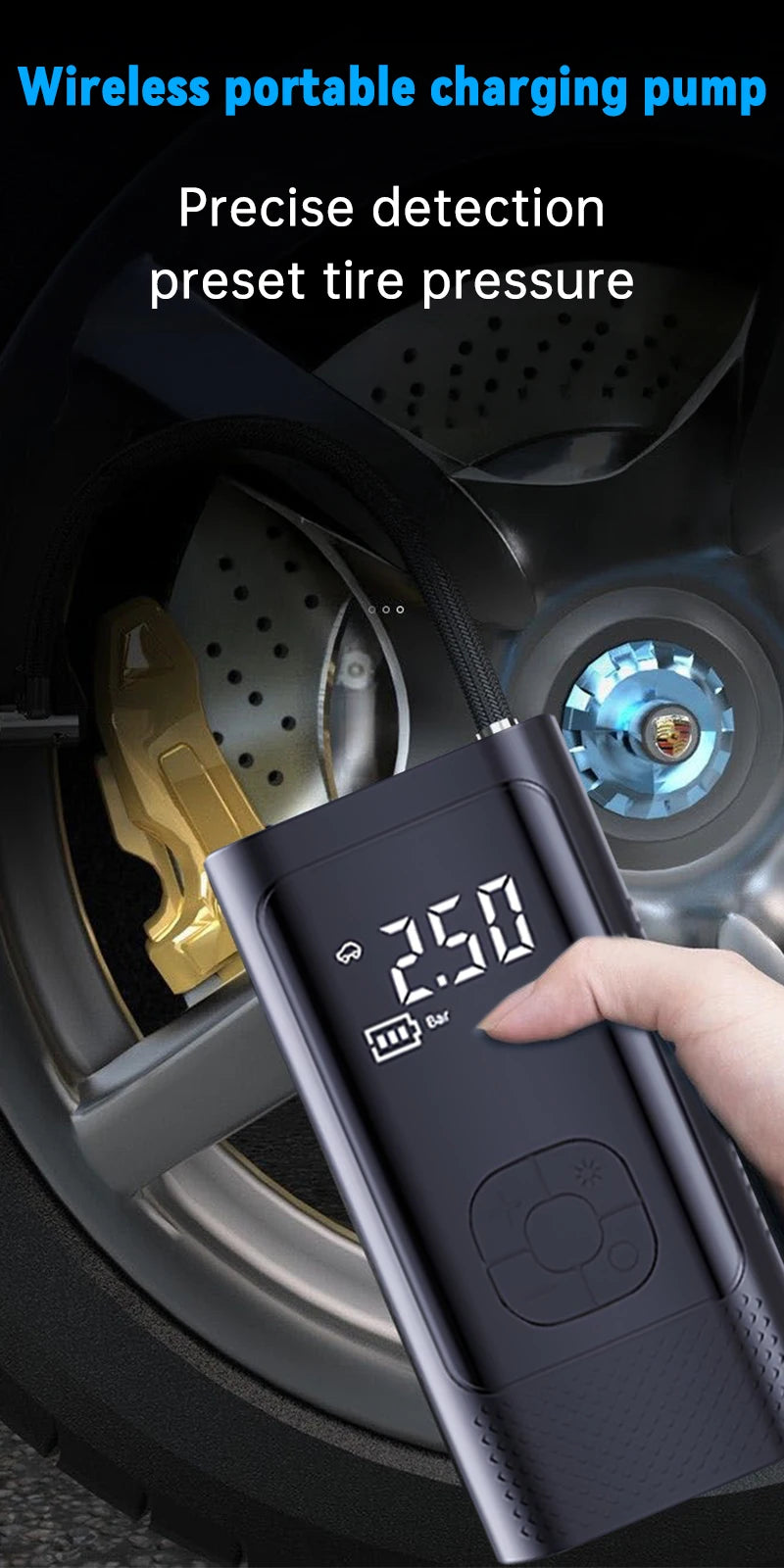 Inflatable Pump Portable Handheld 2 power supply modes and 4 preset air pressures Digital Display Car Motorcycle Tire