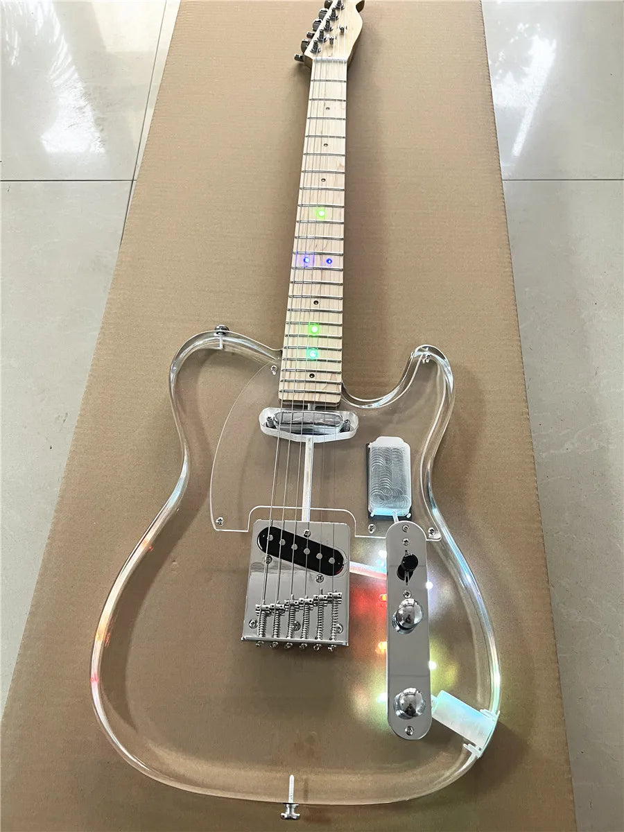 High quality classic acrylic transparent Plexiglass crystal 6-string electric guitar LED lights Maple guitar neck Free shipping