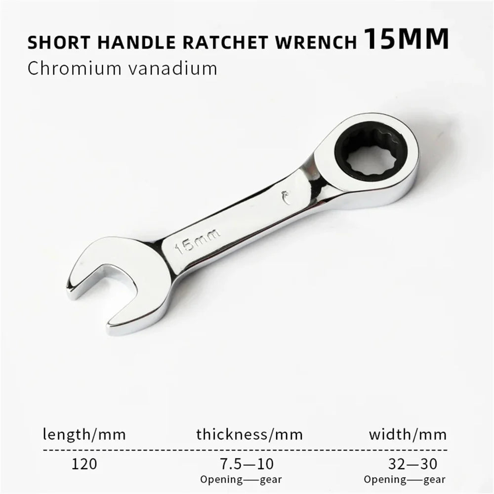 Short Handle Ratchet Spanner 6/7/8/9/10/11/12/13/14/15/16/17/18/19mm Fix Head Ratcheting Wrench Professional Spanner Hand Tools