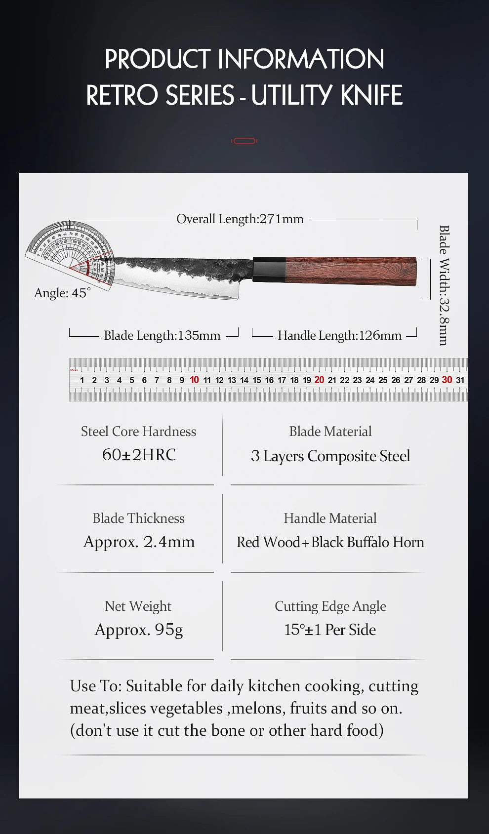 HEZHEN 5.5 Inches Utility Knife Stainless Steel Kitchen Cooking Knives Rosewood Handle With Gift Box Three-layer Composite Steel