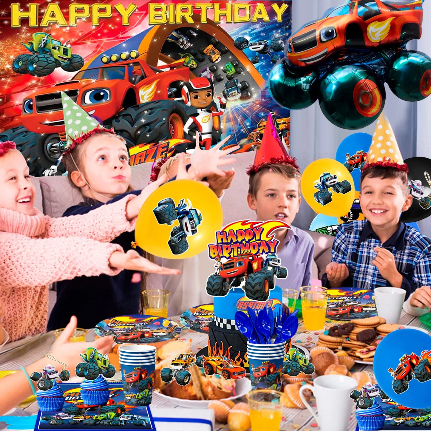 Monster Truck Party Supplies,140pcs Monster Truck Birthday Decorations&Tableware Set Blaze Party Decorations for Kids