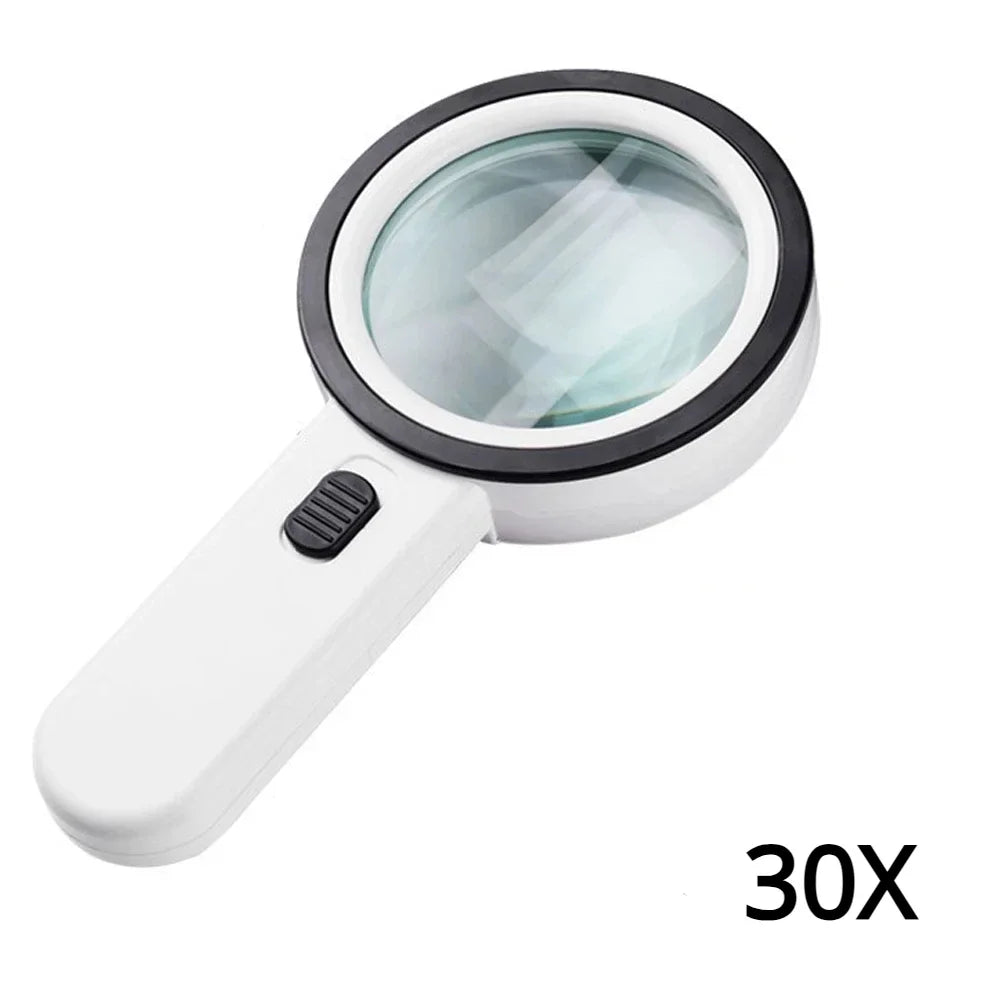 30X Handheld Illuminated Magnifying Glass with 12 LED Lights Reading Magnifier for Seniors Coins Insect Inspection Jewelry Loupe