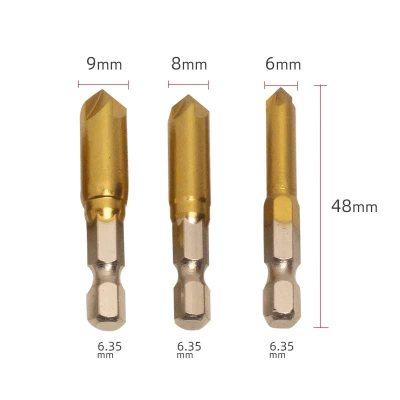 6PCS Hexagon Shank Titanium-Plated Five Flute Chamfering Cutter 1/4'' Hexagon Shank Reaming Chamfer 12mm16mm19mm Punching Tool