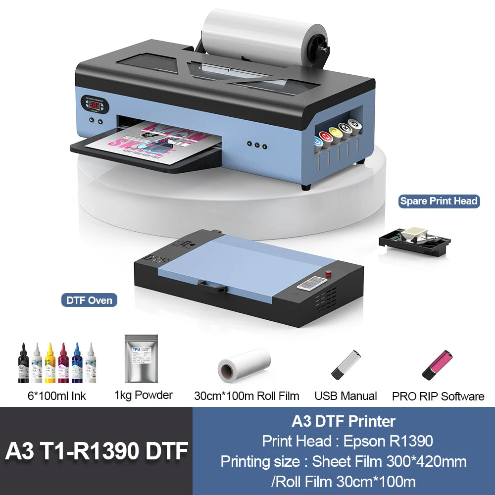A3 R1390 DTF Printer with DTF Curing Oven Direct To Film DTF tshirt Printing Machine A3 DTF Printer For Clothes Hoodies Fabric