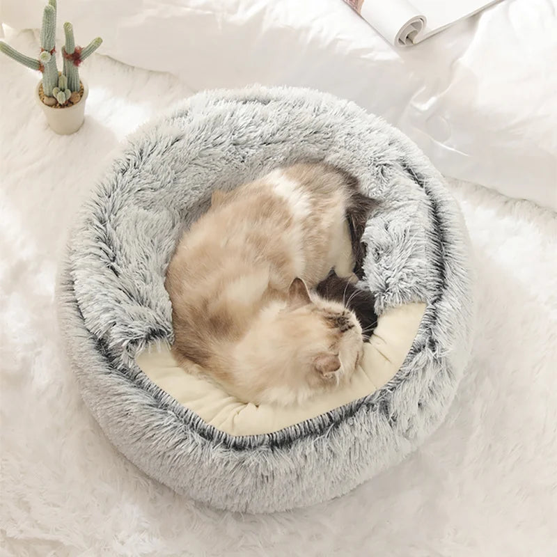 Cat Bed Round Plush Fluffy Hooded Cat Bed Cave,  S/M/L Cozy for Indoor Cats or Small Dog beds, Doughnut Calm Anti-nxiety Dog Bed