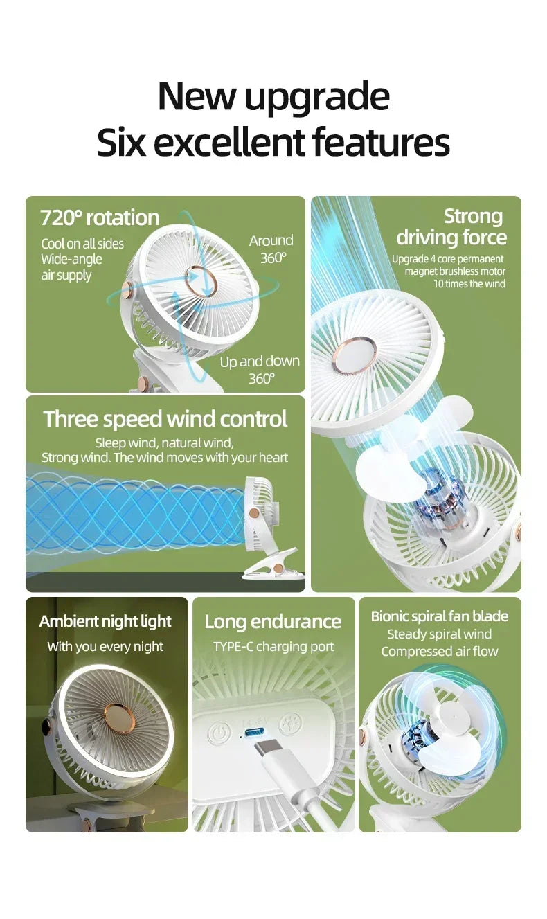 USB Rechargeable Table Fan Clip-on Type Portable Mini Desk Fan 360 Degree Rotation Adjustable Clip-on Fan For Student Dormitory