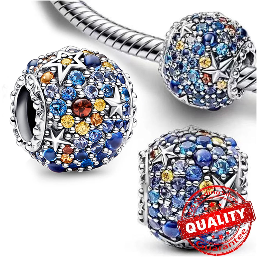 Sparkling 925 Sterling Silver Pavé Round Pink Charm Fit Original Bracelet Blue Charm Beads Women Necklace Fine Jewelry Gift