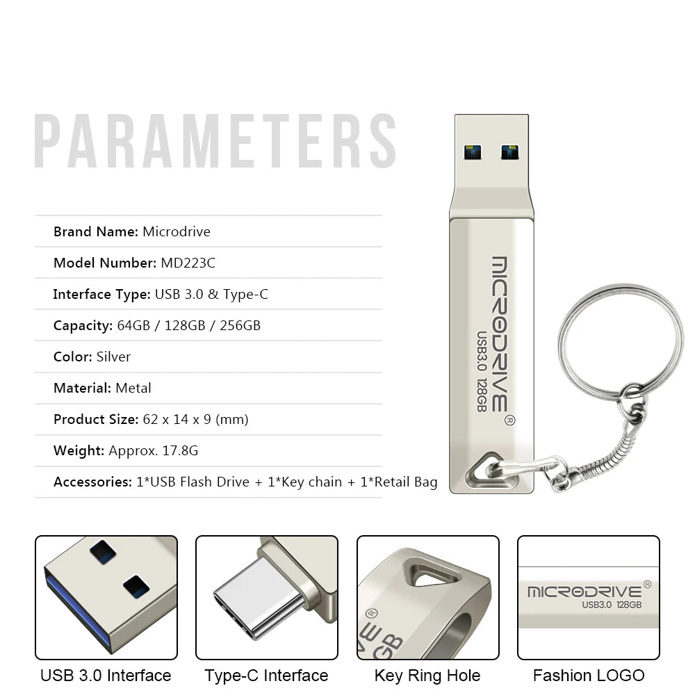 USB3.0 Metal OTG Type C Pen Drive Usb MD223C Memory Stick 64GB usb3.0 flash card 128GB 256G type-C Pendrive free shippin