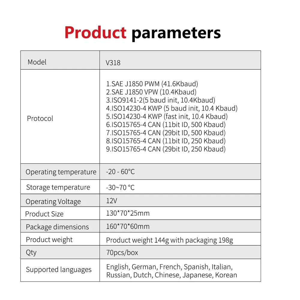 V318 Auto Diagnostic Tool Scanner Automobile Battery Tester OBD2 Automobile Clear Fault Detects Support Multiple Languages