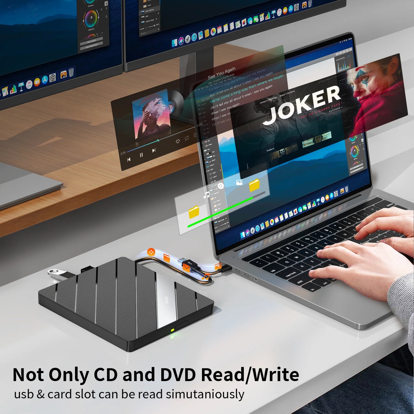 T040A USB 3.0 External Mobile Drive DVD CD Burner with Hub 24X CD & 8X DVD Writer SD microSD Card Reader for Windows Mac Linux