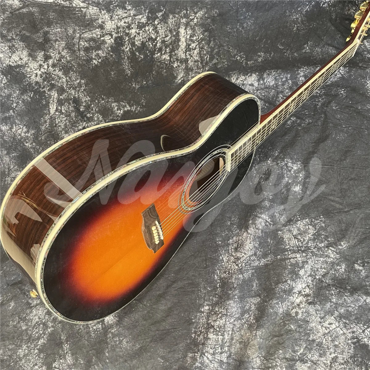 Sunburst Solid Spruce Acoustic Guitar 40 Inches OM Type 45 Model Rosewood Body Abalone Inlays Ebony Fingerboard