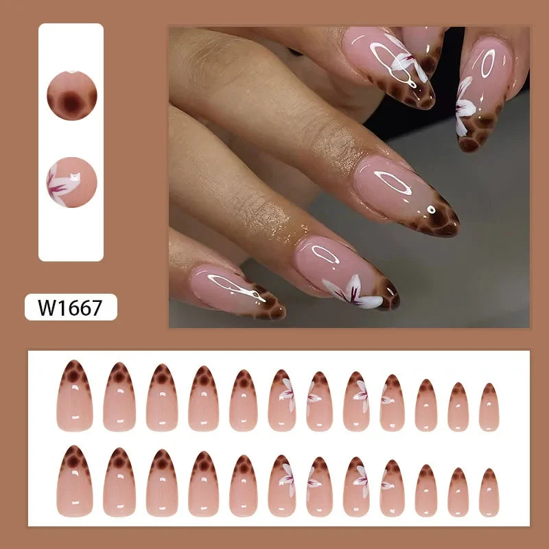 Gold Pink Wine Red 24 Pcs Fake Nail with Jelly sticker Press on False Nails Wearable Round Head Oval Full Cover Nail Tips