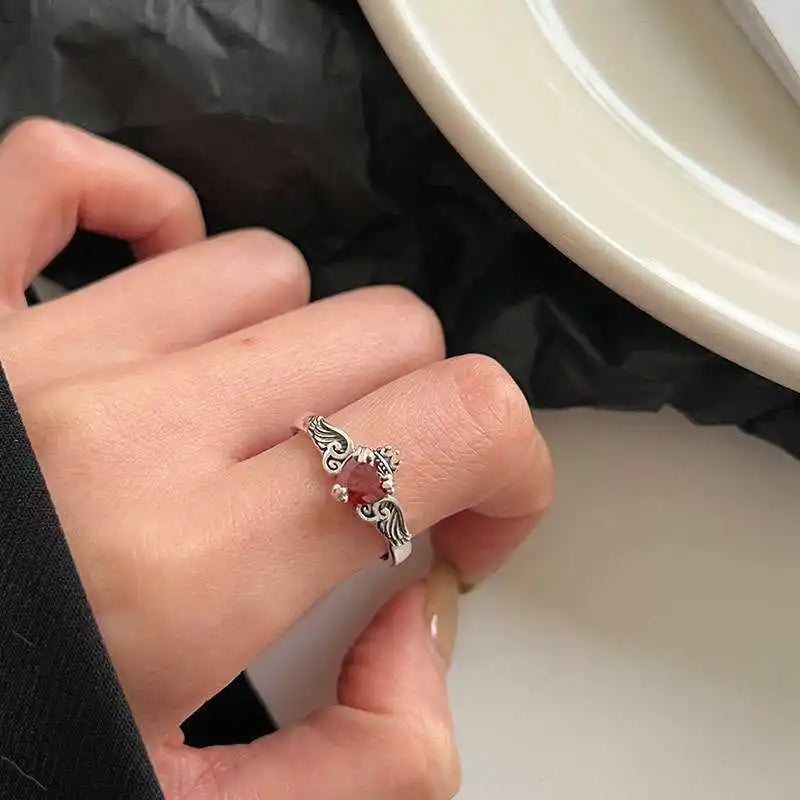 925 Sterling Silver Retro Heart Red Zircon Rings for Women Wedding Luxury Jewelry Angel Wing Crown Design Ladies Ring Gifts