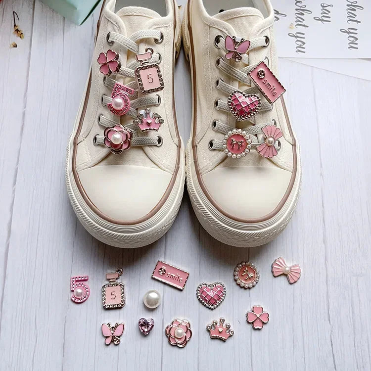 14Pcs NEW Pink Shoe Buckle Shoe Lace Charms for Sneaker Pearl Heart Shoe Lace Decoration Charms Fashion DIY Shoe Accessories
