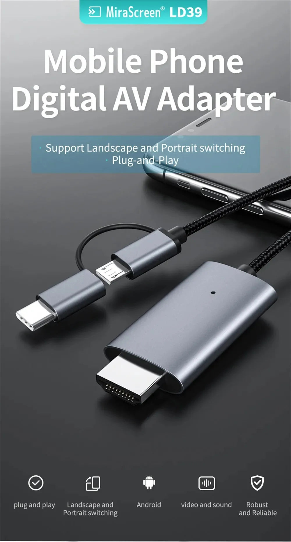 LD39 Wire HD Streaming Display TV Stick Dongle Micro USB Type C to HDMI Cable Mirroring Screen for Android Phone Tablet to TV