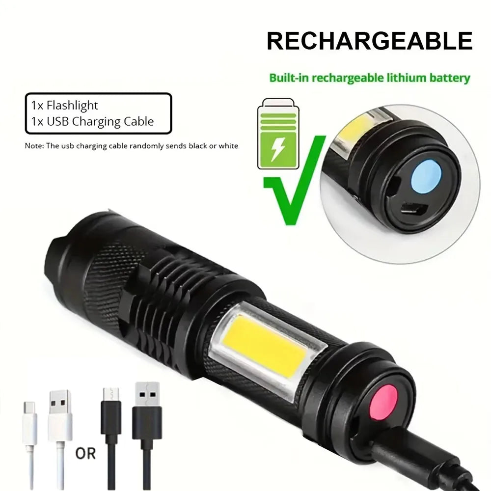 High Power LED Flashlight Rechargeable Zoom Strong Camping Outdoor Torch Aluminium Alloy With Battery COB Side Lights 3 Modes