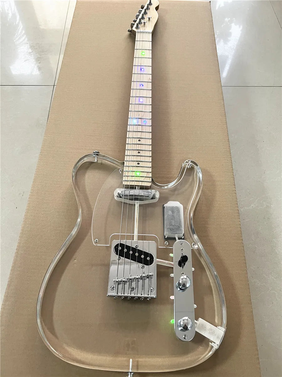 High quality classic acrylic transparent Plexiglass crystal 6-string electric guitar LED lights Maple guitar neck Free shipping