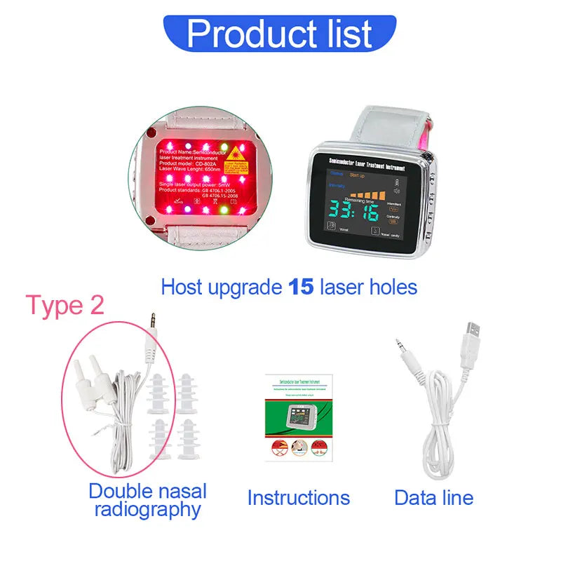 15 Laser 650nm Laser Therapy Wrist Watch LLLT for Diabetes Hypertension Cholesterol Treatment Laser Rhinitis Physiotherapy
