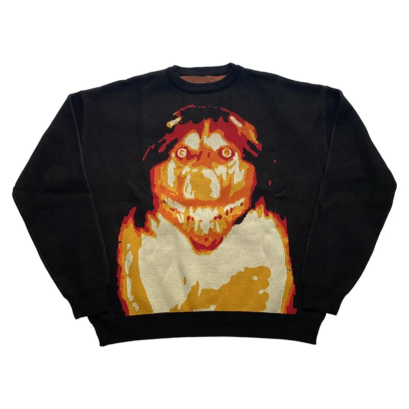 Casual Hip Hop Streetwear Knitted Sweater men Gothic portrait Print Pullover autumn Harajuku Cotton sweater Ghost Y2K