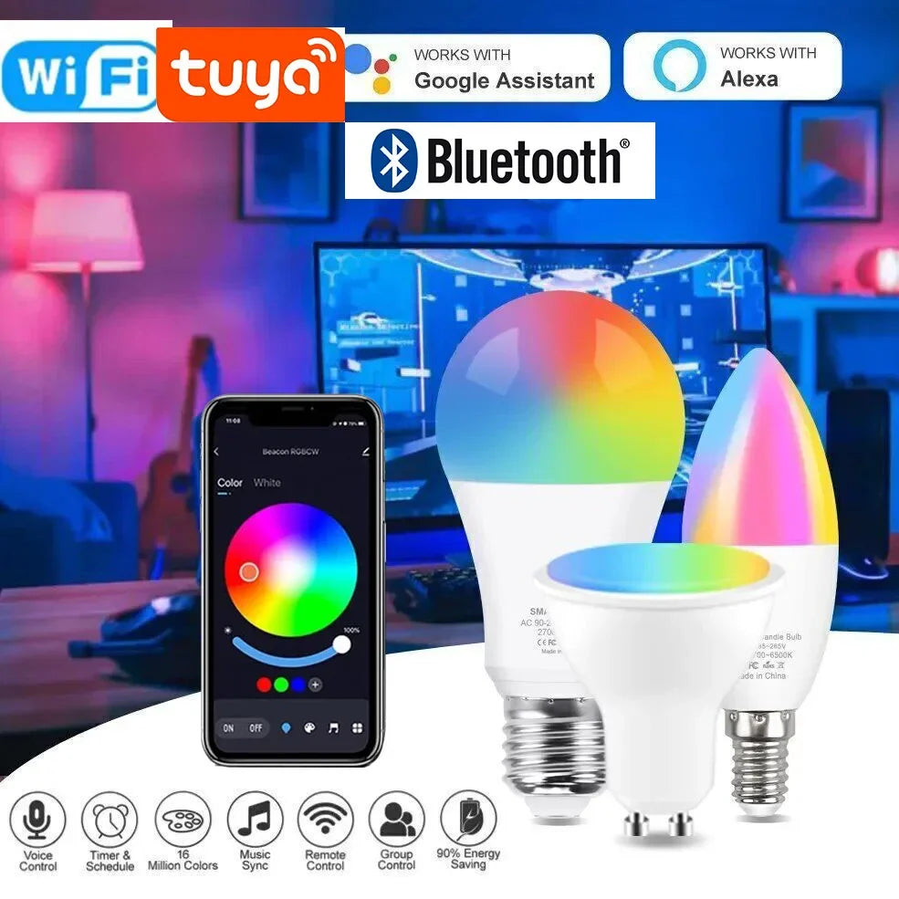 Tuya Wifi LED Bulb E27 E14 Candle GU10 Spotlight RGB Bluetooth 110V 220V Alexa Lamp Alice Voice Control Dimmable Home Room Decor