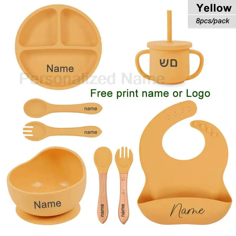 8Pcs Baby Silicone Feeding Set Round Dining Plate Sucker Bowl Dishes For Kids Personalized Name Children's Tableware Straw Cup