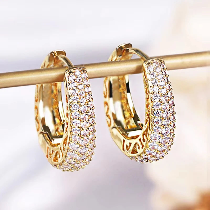Huitan Luxury Paved CZ Hoop Earrings for Women Gold Color Hollow Out Design Temperament Female Ear Accessories Fashion Jewelry