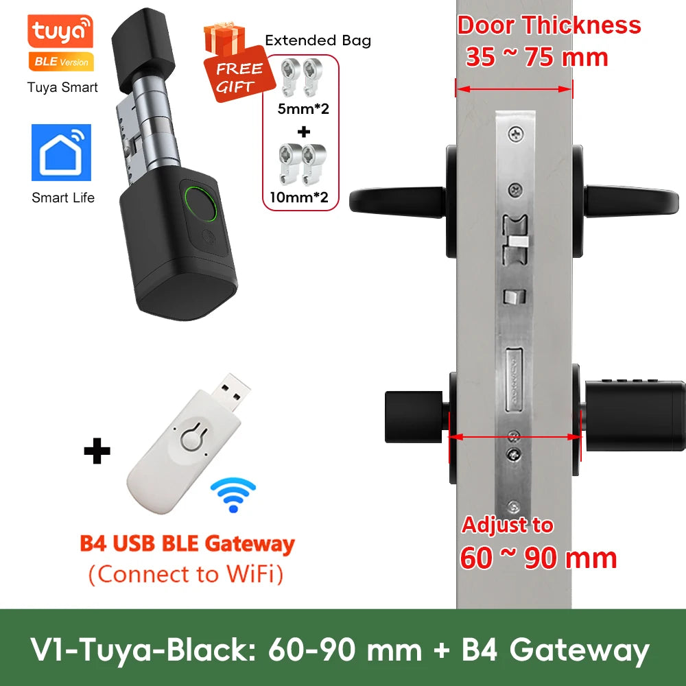 RAYKUBE V1 Adjustable TT Lock/ Tuya Bluetooth Smart Fingerprint Digital Cylinder Lock with APP/Password/RFID Card/Key  unlock