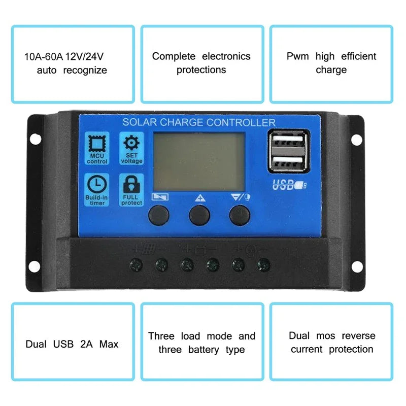 60A/50A/40A/30A/20A/10A 12V/24V Auto Solar Charge Controller PWM Controllers LCD Dual USB 5V Output Solar Panel PV Regulator