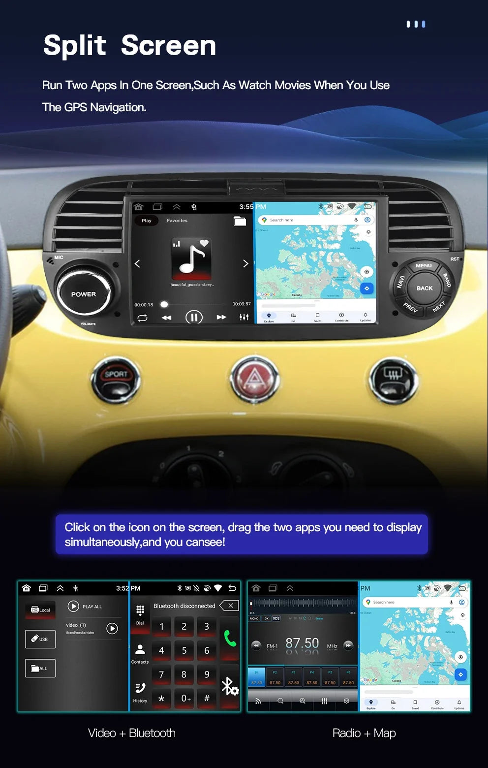 Junuse 7" Wireless Android Auto Carplay For Fiat 500 2007~2015 Android 13 Carplay GPS Navigation Multimedia Player White Black