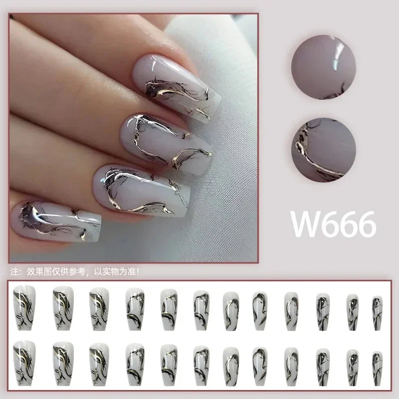 Black Ink Style Fake Nail with Jelly sticker Press on False Nails Wearable Round Head Oval Full Cover Nail Tips