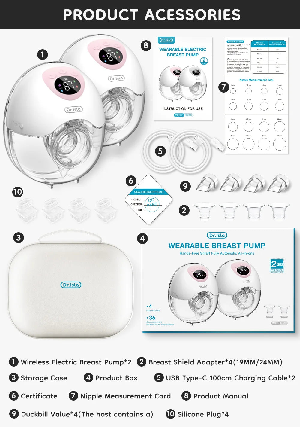 Dr.isla New 2PCS Wearable Electric Breast Pump 4 Modes 36 Suction Levels Silent Leak-Proof Hands Free Breast Pumps Breastfeeding