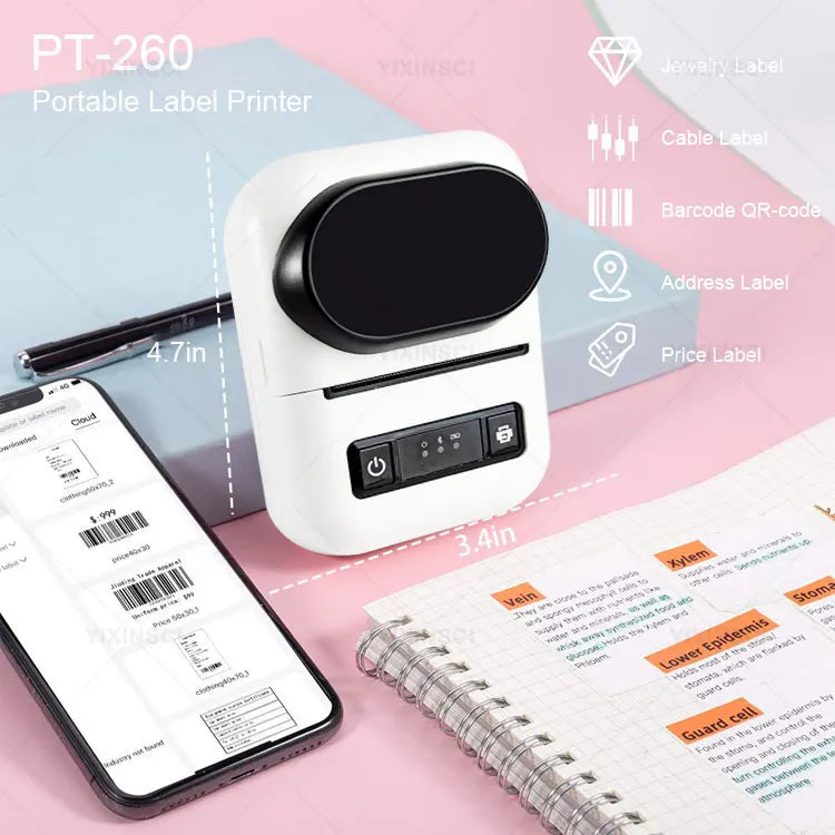 PT260 58mm Mini Portable Thermal Printer Photo Pocket Printer Wireless BT Connect For Label Price Maker Machine