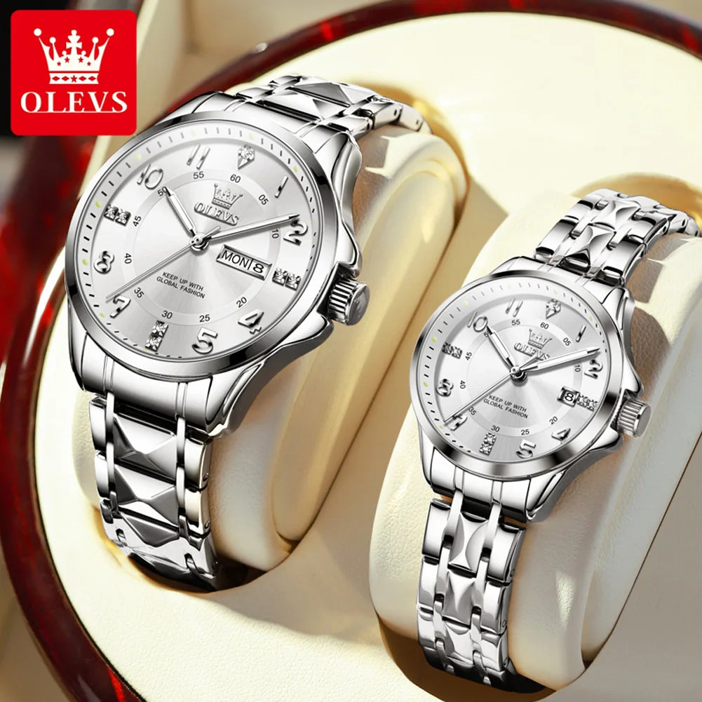 OLEVS 2910 Luxury Men Women Couple Watch Dual Calendar Display Waterproof Stainless Steel Clock Gold Diamond Couple Quartz Watch