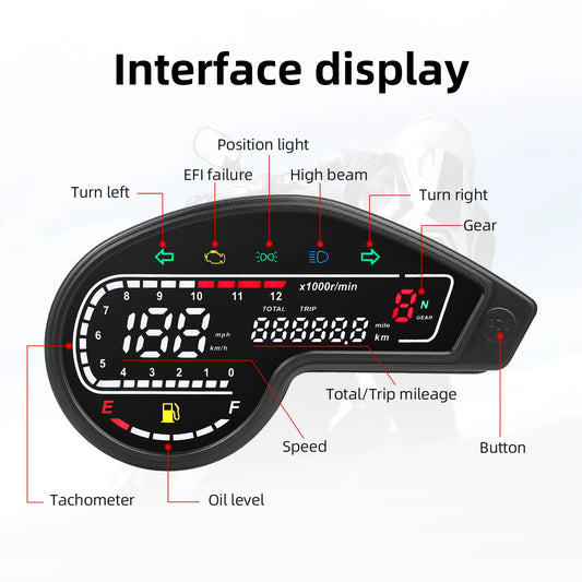 Universal RPM Motorcycle Meter Digital Odometer LCD Speed Meter Instrument Oil Gauge Total Mileage Dashboard Multi-function Trip