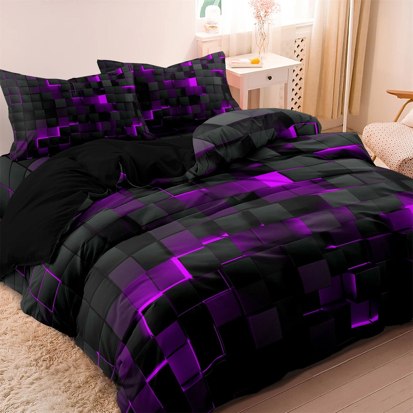3pcs Luxurious Geometric Grid Plaid Print Soft Comfortable Duvet Cover Bedding Set Included 1*Duvet Cover & 2*Pillowcases