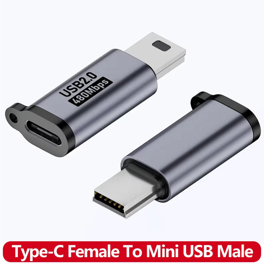 480Mbps Mini USB Male to USB C Female Adaptor 18W Mini USB Plug to Type-C Data Connector for Digital Cameras Hard Drives MP3