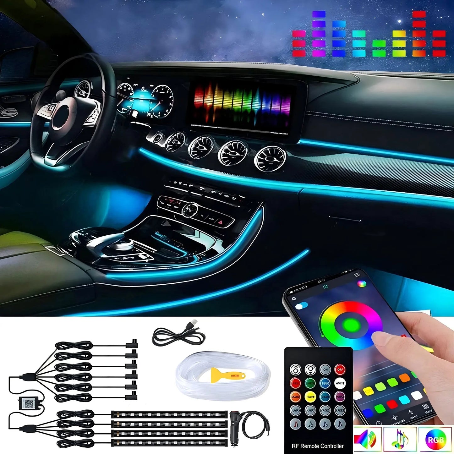 Neon LED Ambient Lighting Car 6in1 8m RGB LED Atmosphere Interior Strip Light Fiber Optic APP Control Auto LED Decorative Lamp