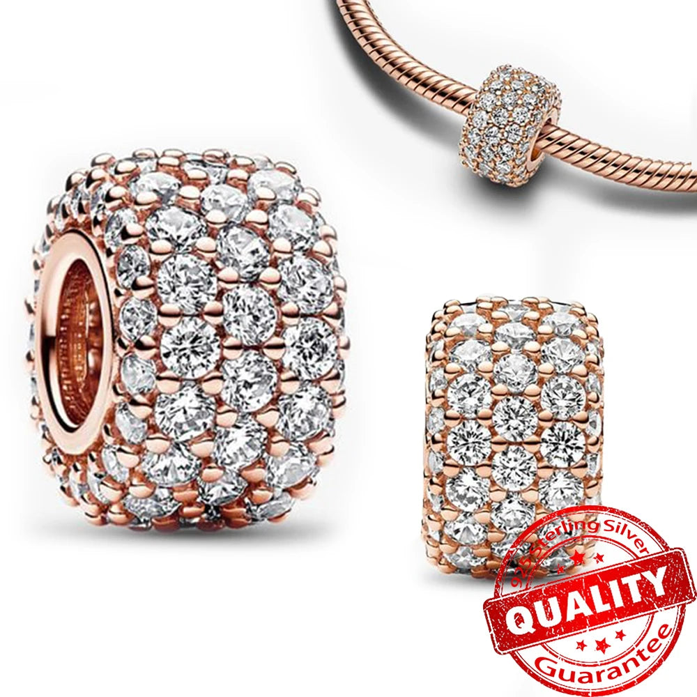 Sparkling 925 Sterling Silver Pavé Round Pink Charm Fit Original Bracelet Blue Charm Beads Women Necklace Fine Jewelry Gift