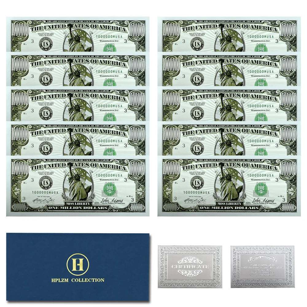 10pcs US Statue of Liberty Silver Banknotes One Million Dollars Bills Commemorative Bank Notes Home Decor Crafts