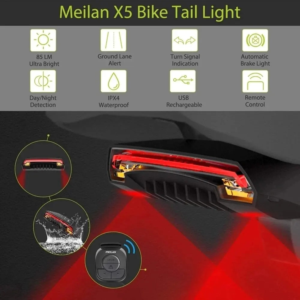 Meilan X5 Bicycle Rear Light Bike Remote Wireless Light Turn Signal LED Beam Bicycle Taillight USB Chargeable Cycling Tail Light