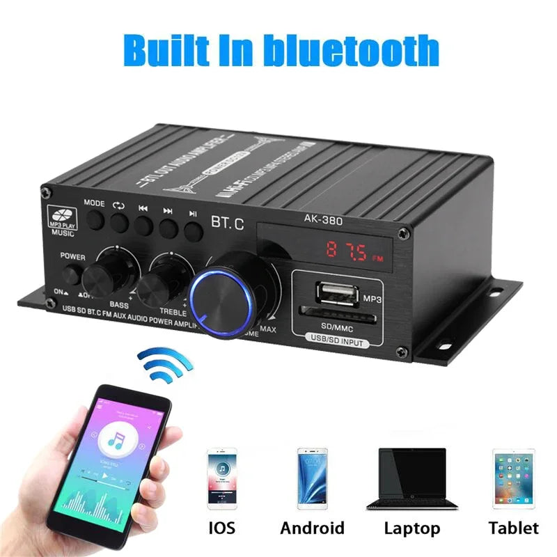 AK380 12V Bluetooth Power Amplifier Home Car Class D HiFi Amp Max 800W Stereo BASS Audio Amps Support FM MP3 Player USB SD input