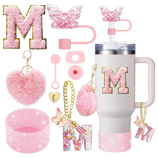 9PCS Accessory Set for Stanley Cup 30oz 40oz Butterfly Straw Cover Cap Silicone Boot Charm Initials Sticker Spill Proof Stopper