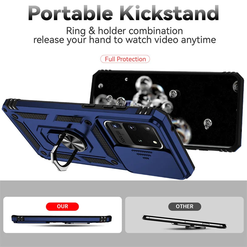 Silde Lens Armor Shockproof Phone Case For Samsung Galaxy S20 Ultra S20 Plus S 20 FE S20+ Magnetic Car Holder Ring Protect Cover