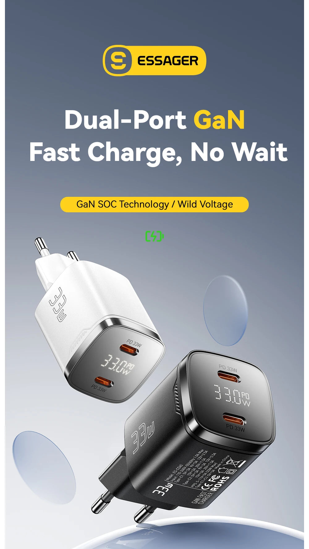 Essager 33W GaN USB C Charger Digital Display PD Fast Charging For iPhone 13 12 Max Pro iPad For Xiaomi Poco Samsung Charger Es