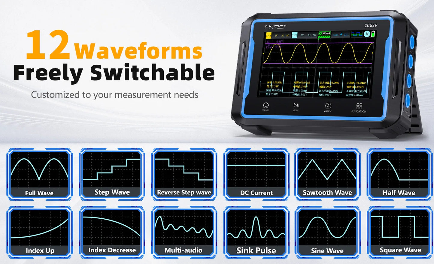 2C53P Touch Screen Portable Digital OSC Multimeter Signal Source 3in1 2 Channel 50MHz 250Ms/S 19999 Counts