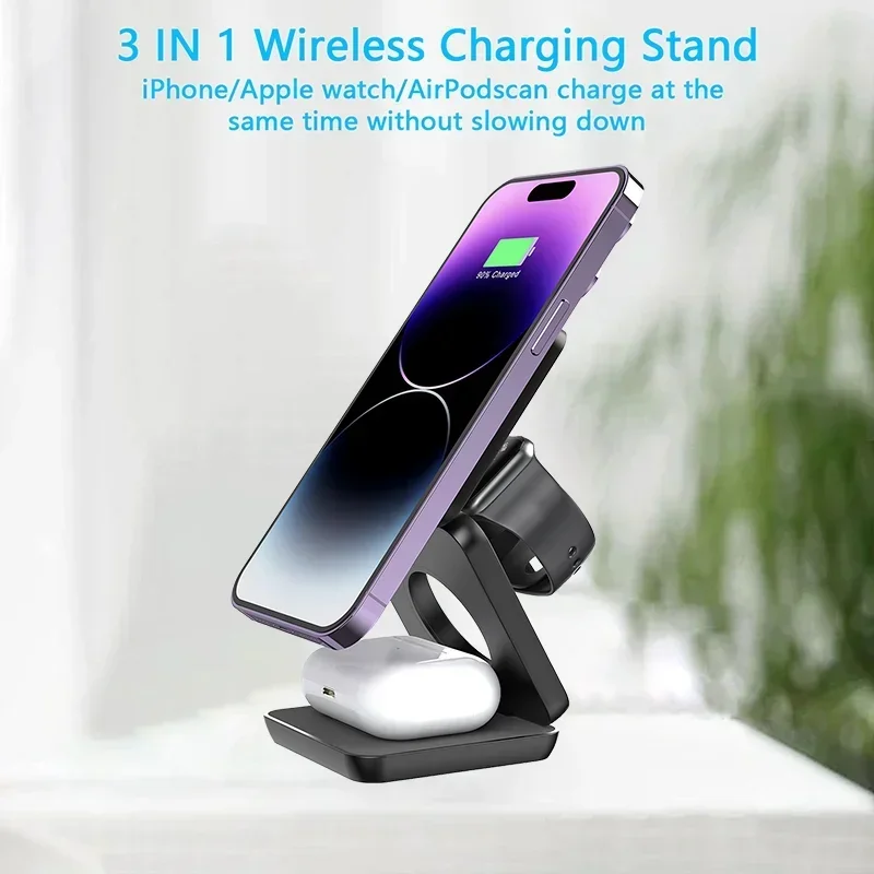 3 In 1 Foldable Magnetic Wireless Charger Stand For iPhone 15 14 13 12 Pro Max Apple Watch AirPods Fast Charging Station Holder