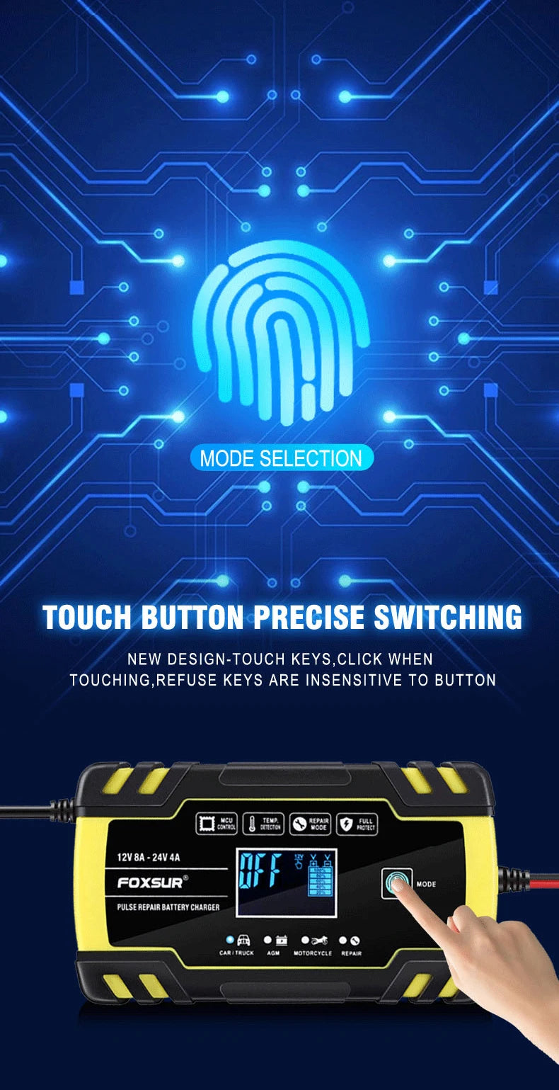 FOXSUR 12V/24V 8A Smart Battery Charger Automatic Start Fast Charger Use For Car Motorcycle Truck Deepcycle Wet Dry Lead Acid