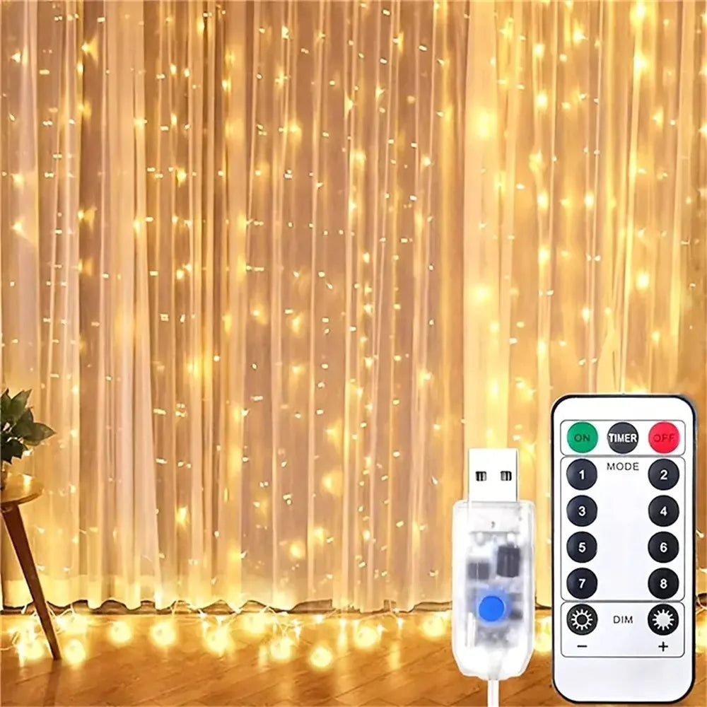 Christmas Lights LED Fairy String Curtain Lights 8 Mode Remote USB Festoon Christmas Decor For Home Holiday New Year Lamp
